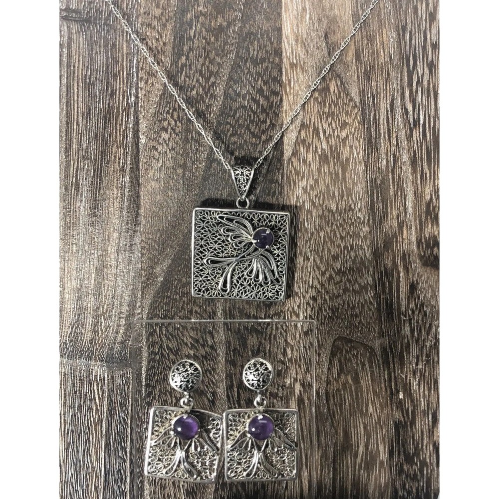 Vintage Sterling Silver  Amethyst Necklace  & Earrings Set, Signed Rider